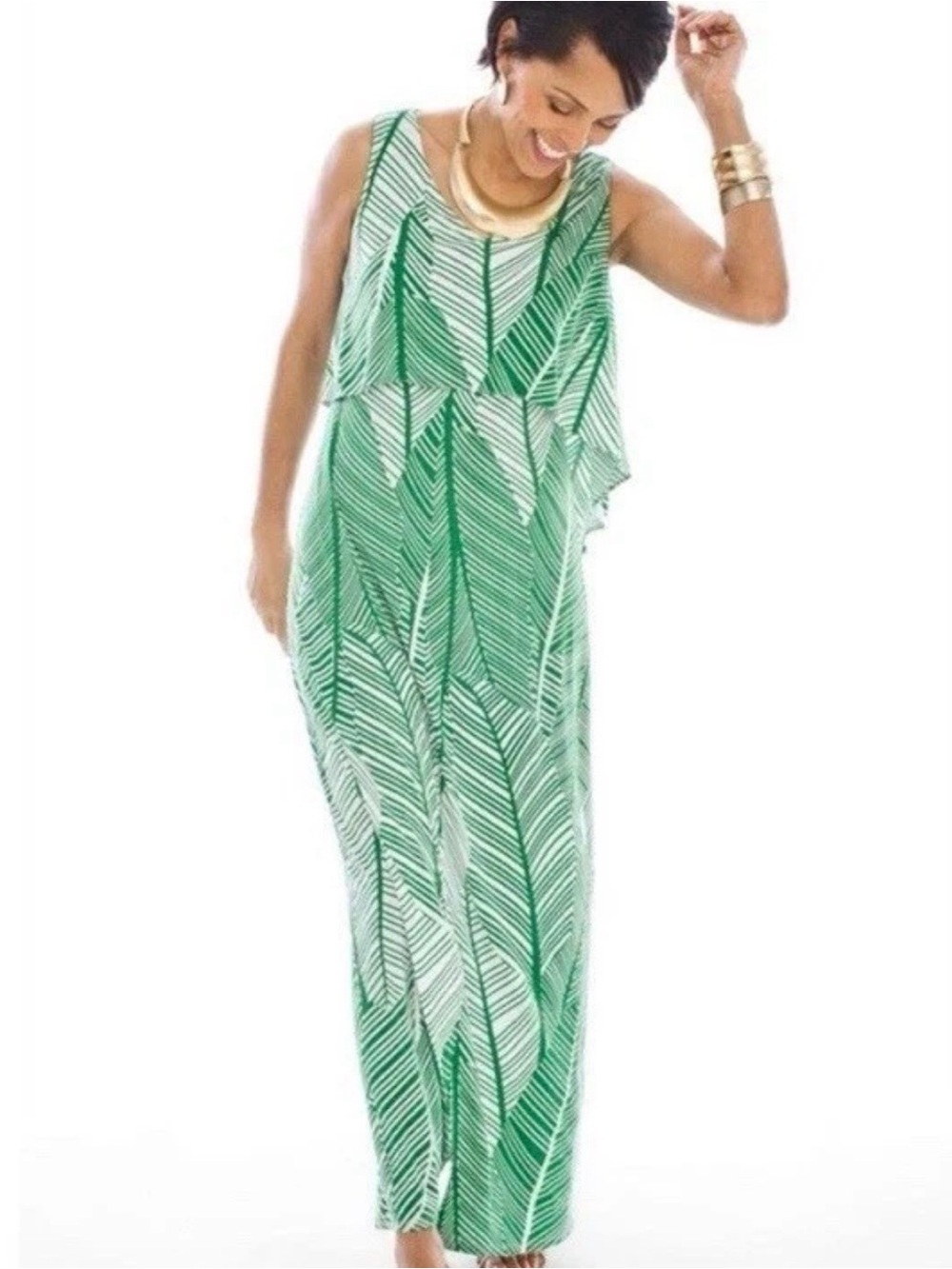 Chico's green white Tropical leafy print maxi dress drape Size 2 / Large